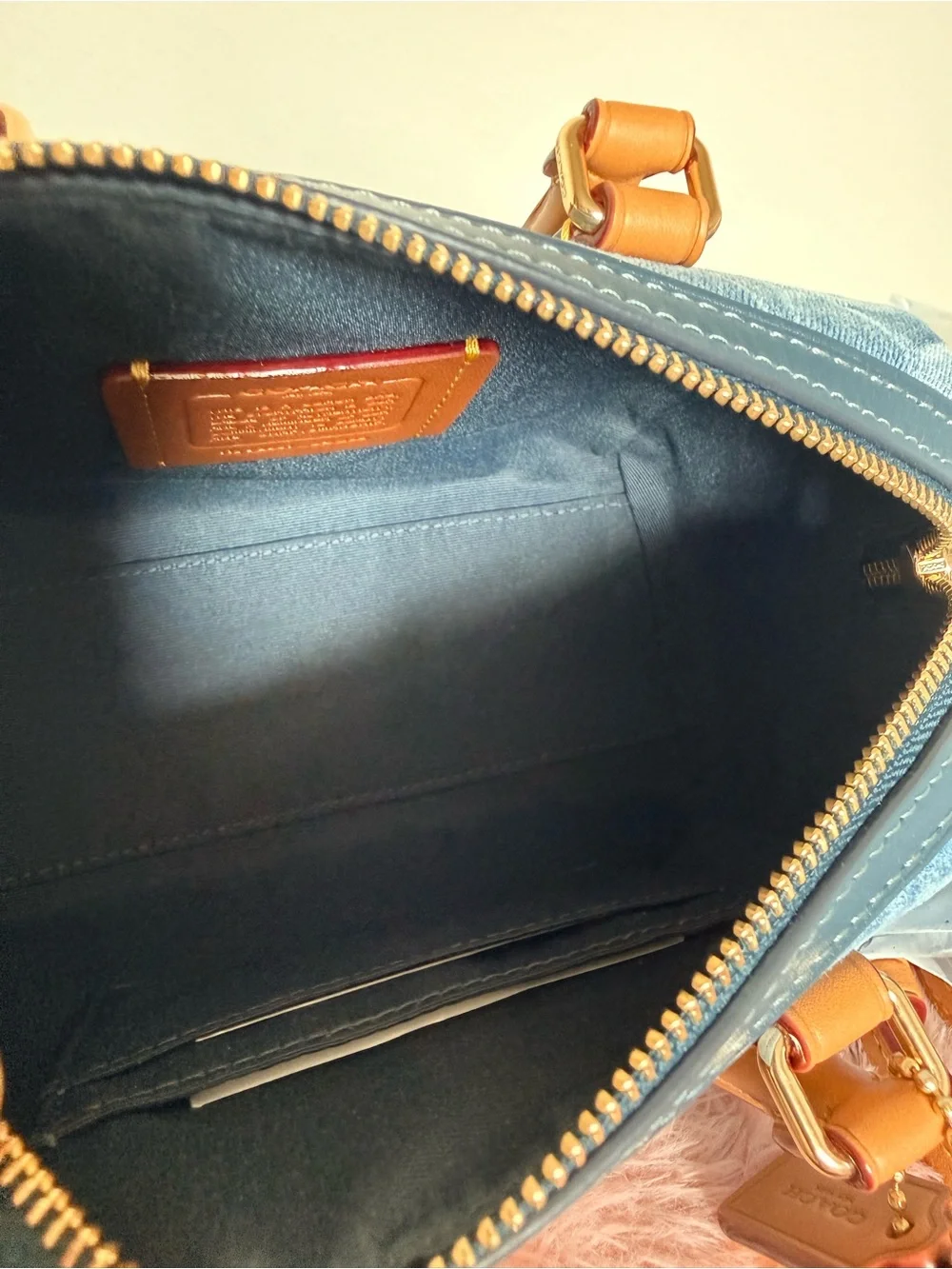 Coach Mini Denim Rowan Signature Satchel in Light Blue and Tan - Picture 7 of 9